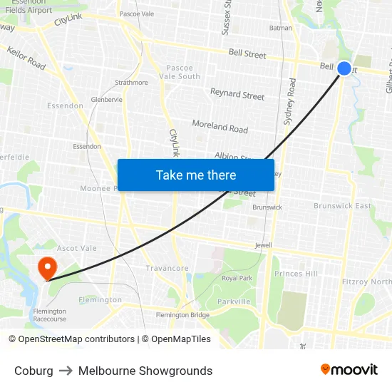 Coburg to Melbourne Showgrounds map