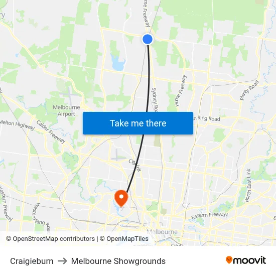 Craigieburn to Melbourne Showgrounds map