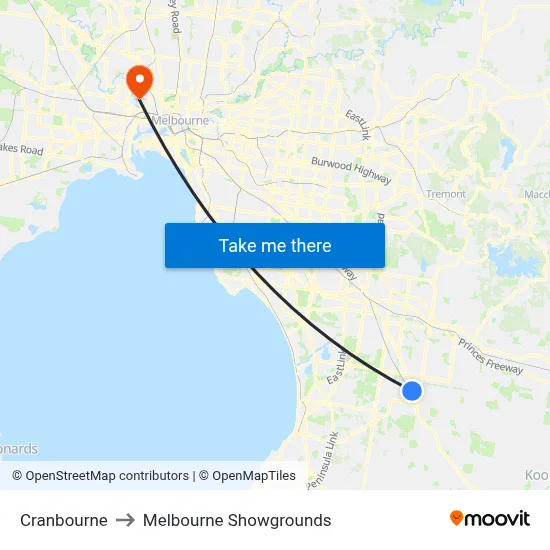 Cranbourne to Melbourne Showgrounds map