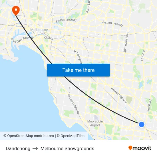 Dandenong to Melbourne Showgrounds map