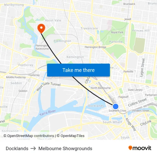 Docklands to Melbourne Showgrounds map