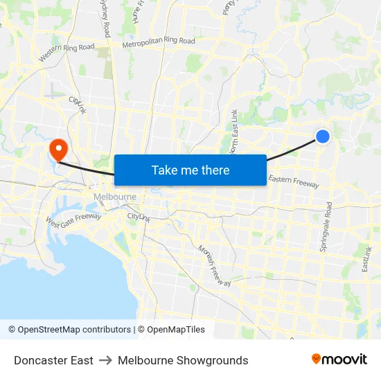 Doncaster East to Melbourne Showgrounds map