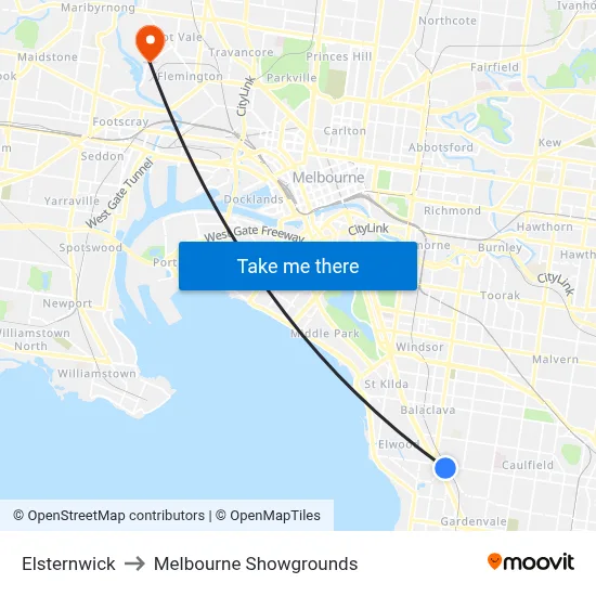 Elsternwick to Melbourne Showgrounds map