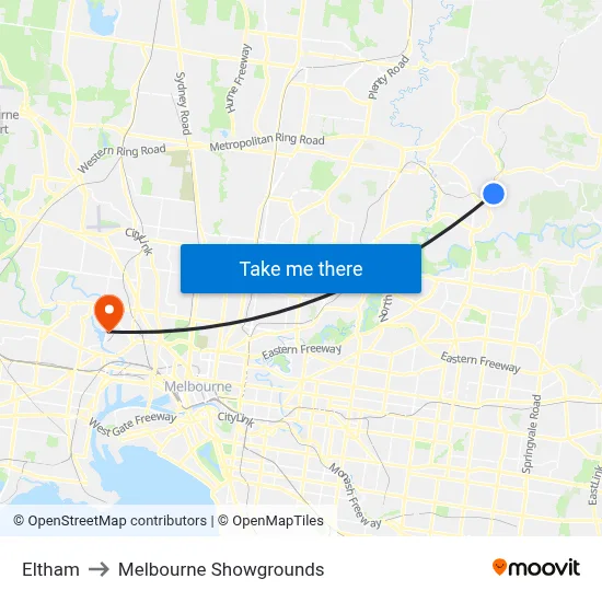 Eltham to Melbourne Showgrounds map