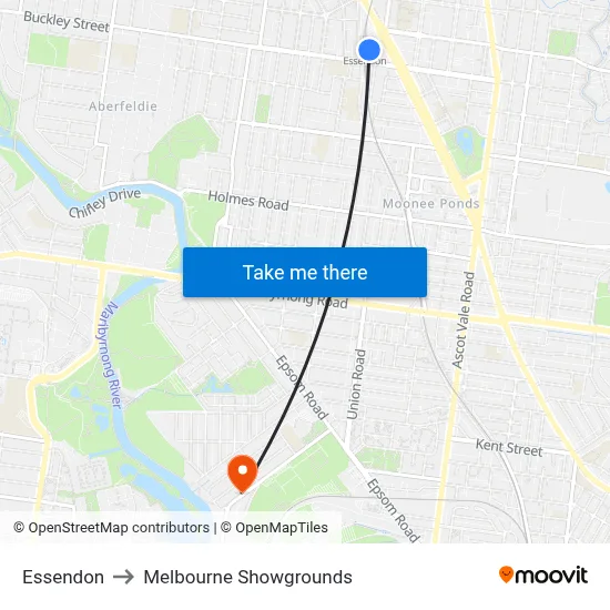 Essendon to Melbourne Showgrounds map