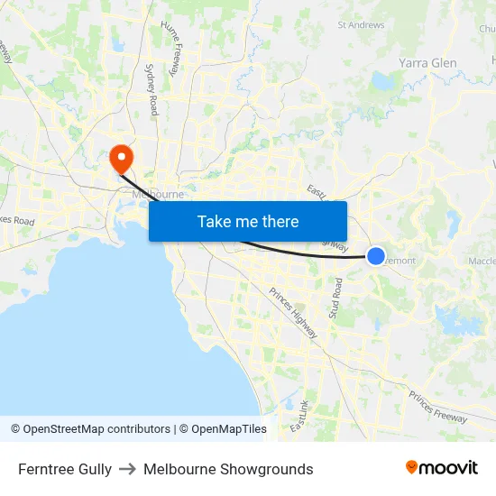 Ferntree Gully to Melbourne Showgrounds map