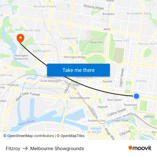 Fitzroy to Melbourne Showgrounds map