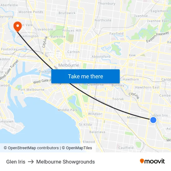 Glen Iris to Melbourne Showgrounds map