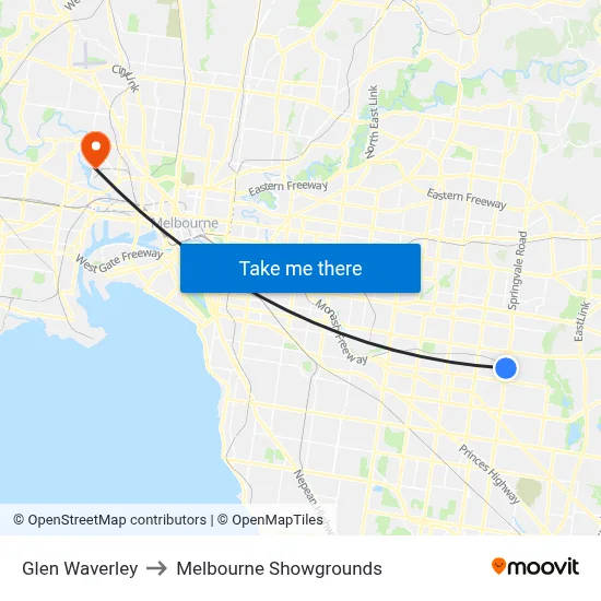 Glen Waverley to Melbourne Showgrounds map