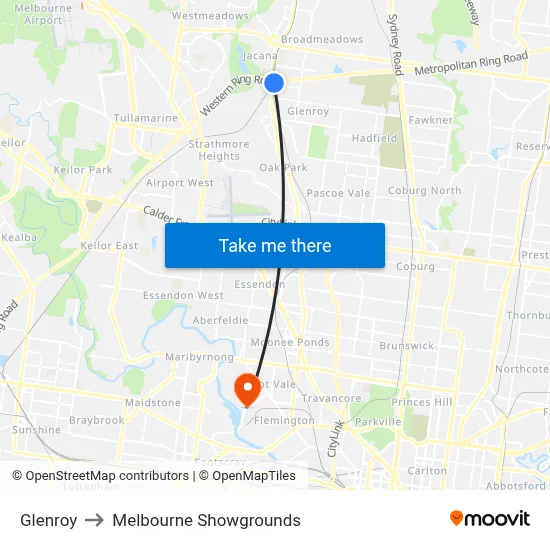 Glenroy to Melbourne Showgrounds map