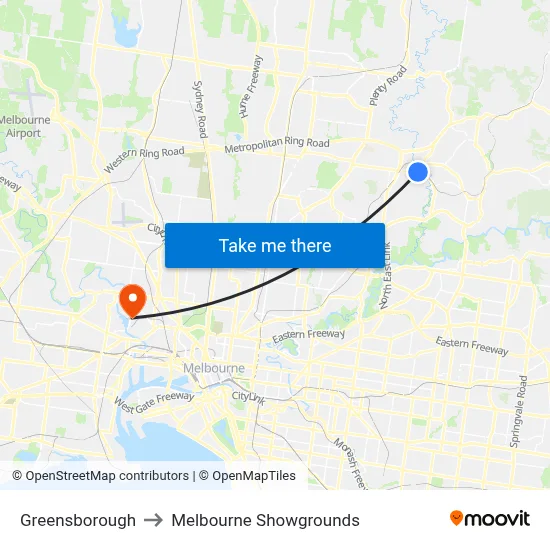 Greensborough to Melbourne Showgrounds map