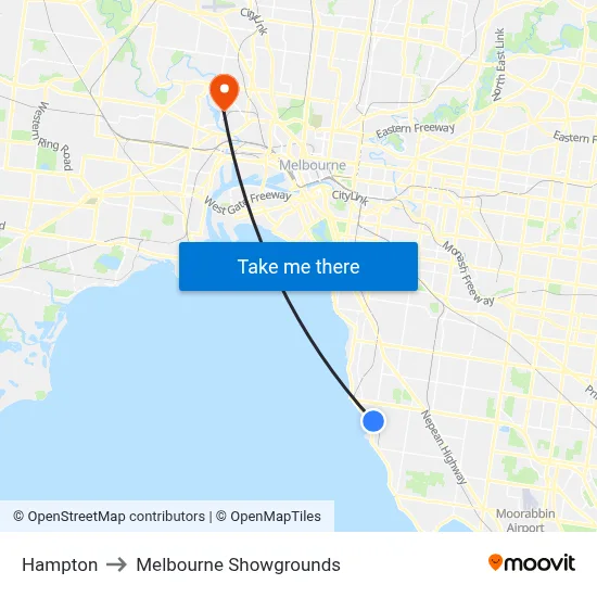 Hampton to Melbourne Showgrounds map