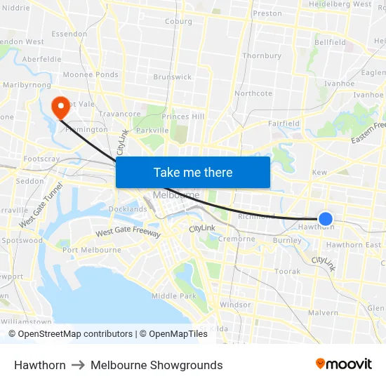 Hawthorn to Melbourne Showgrounds map