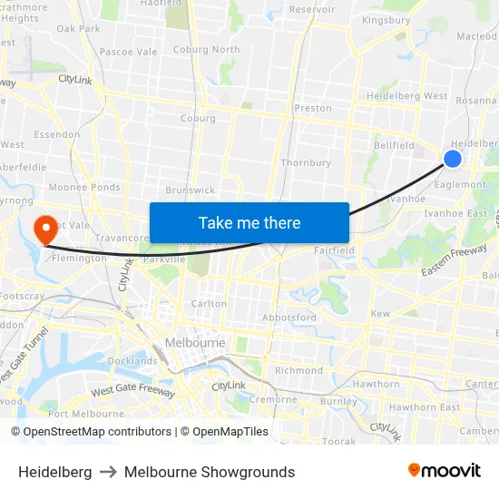 Heidelberg to Melbourne Showgrounds map
