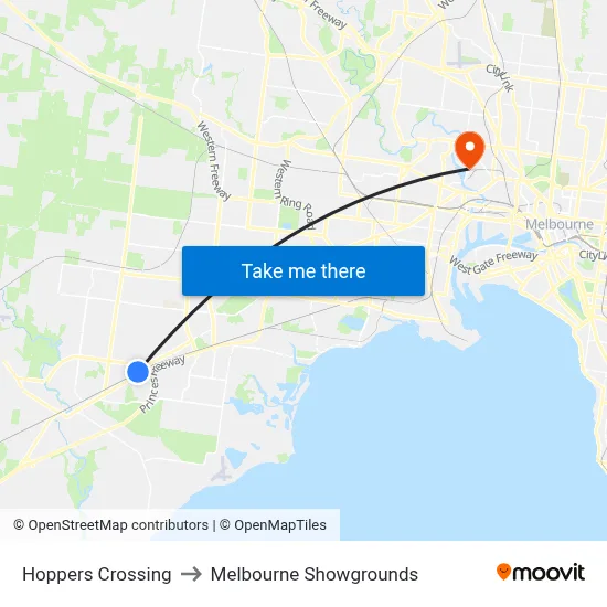 Hoppers Crossing to Melbourne Showgrounds map