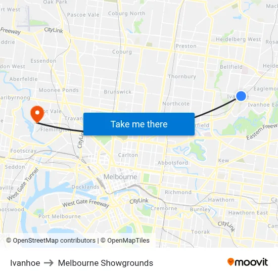 Ivanhoe to Melbourne Showgrounds map