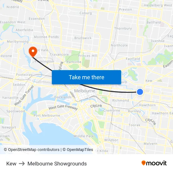 Kew to Melbourne Showgrounds map