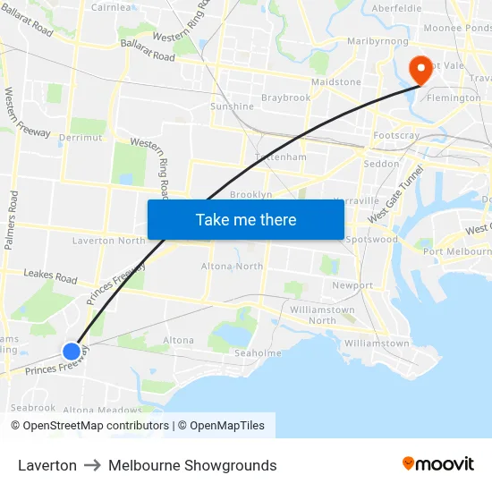 Laverton to Melbourne Showgrounds map