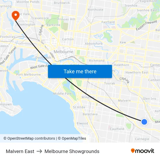Malvern East to Melbourne Showgrounds map