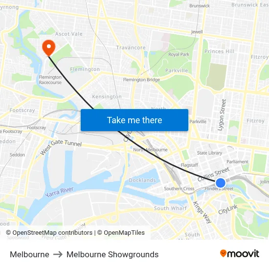 Melbourne to Melbourne Showgrounds map