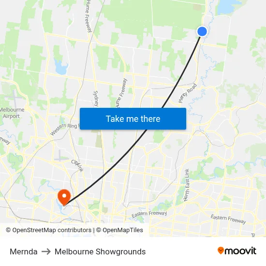 Mernda to Melbourne Showgrounds map