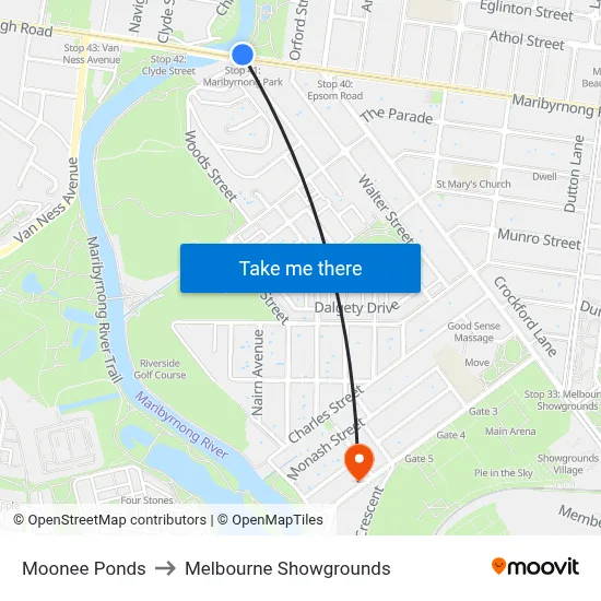 Moonee Ponds to Melbourne Showgrounds map