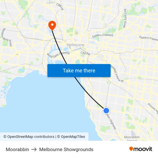 Moorabbin to Melbourne Showgrounds map