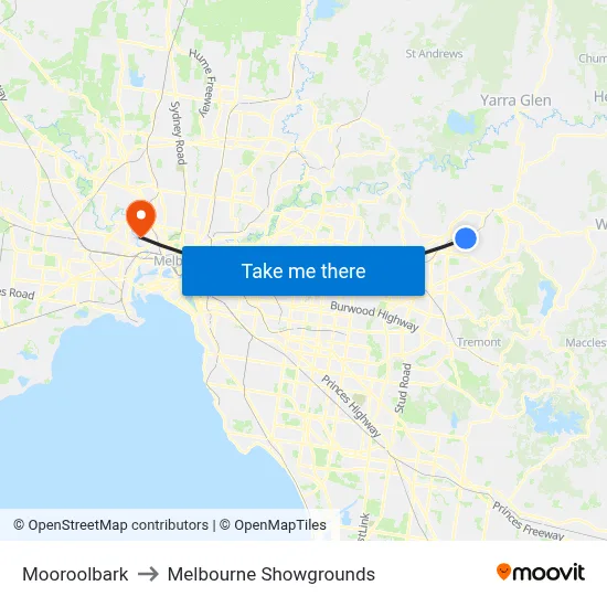 Mooroolbark to Melbourne Showgrounds map