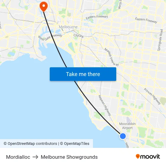 Mordialloc to Melbourne Showgrounds map