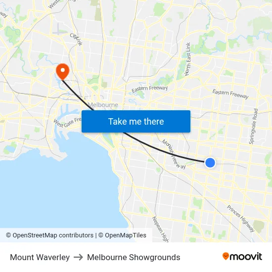 Mount Waverley to Melbourne Showgrounds map