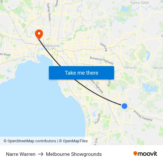 Narre Warren to Melbourne Showgrounds map