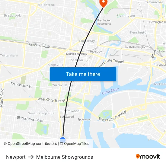 Newport to Melbourne Showgrounds map