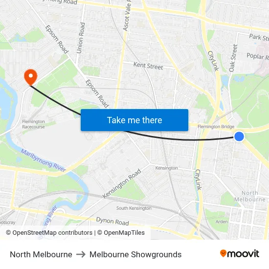 North Melbourne to Melbourne Showgrounds map