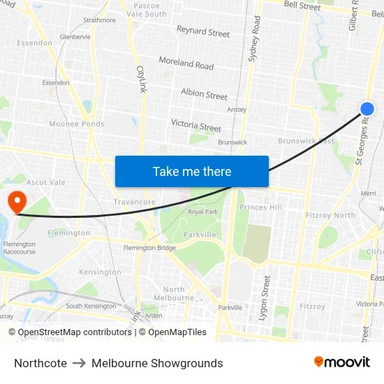 Northcote to Melbourne Showgrounds map