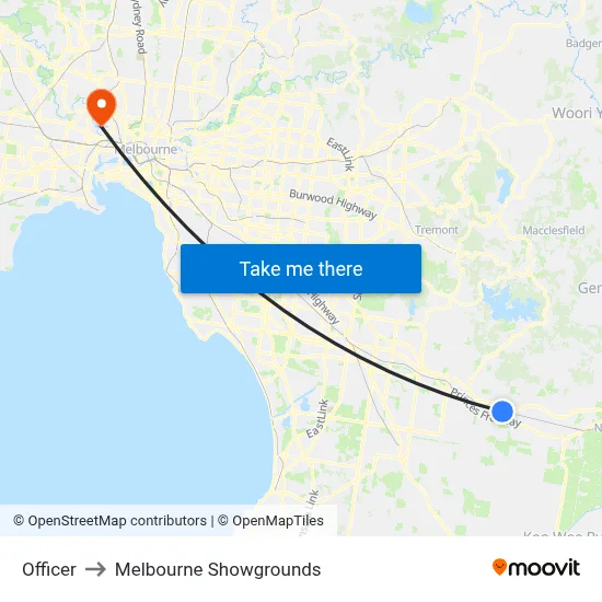 Officer to Melbourne Showgrounds map