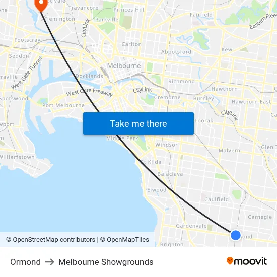 Ormond to Melbourne Showgrounds map