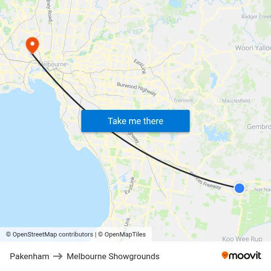Pakenham to Melbourne Showgrounds map