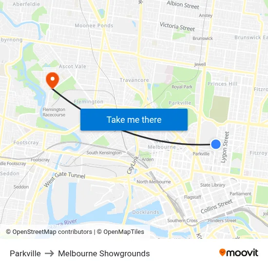 Parkville to Melbourne Showgrounds map