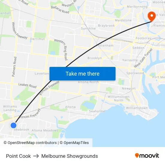 Point Cook to Melbourne Showgrounds map
