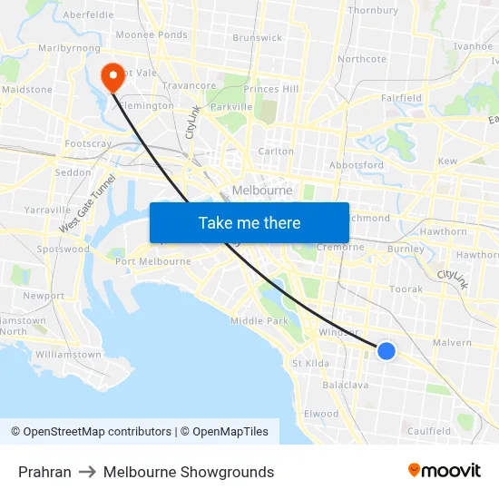 Prahran to Melbourne Showgrounds map