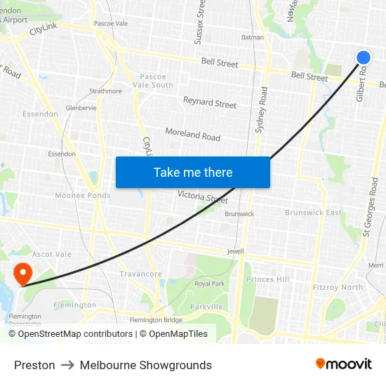 Preston to Melbourne Showgrounds map