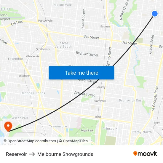 Reservoir to Melbourne Showgrounds map