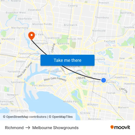 Richmond to Melbourne Showgrounds map