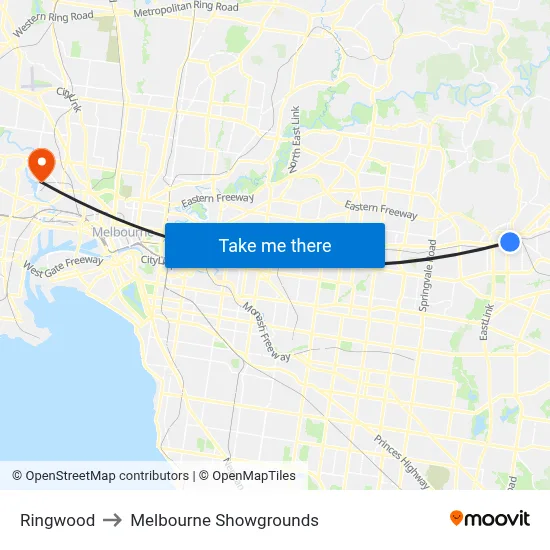 Ringwood to Melbourne Showgrounds map