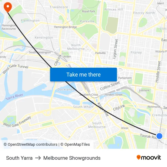 South Yarra to Melbourne Showgrounds map