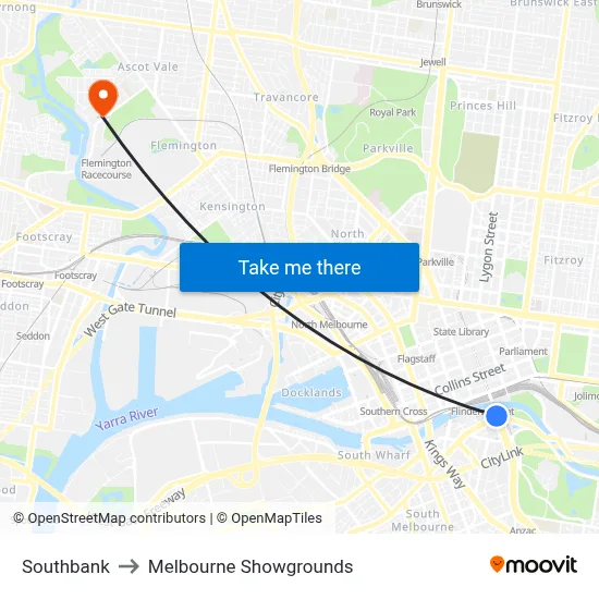 Southbank to Melbourne Showgrounds map