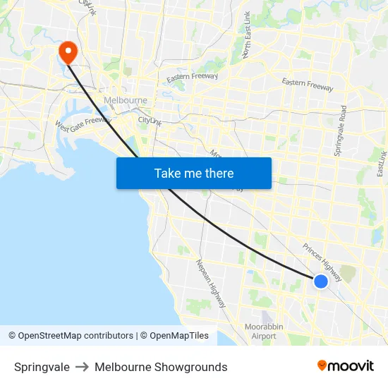 Springvale to Melbourne Showgrounds map