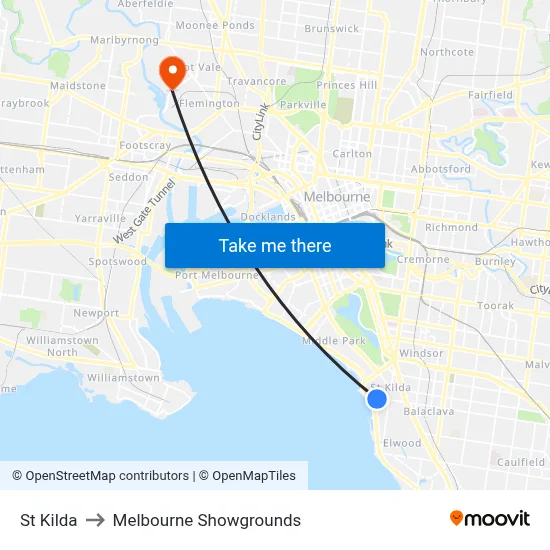 St Kilda to Melbourne Showgrounds map