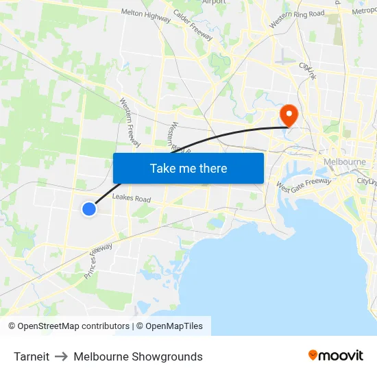 Tarneit to Melbourne Showgrounds map