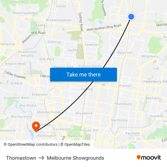 Thomastown to Melbourne Showgrounds map